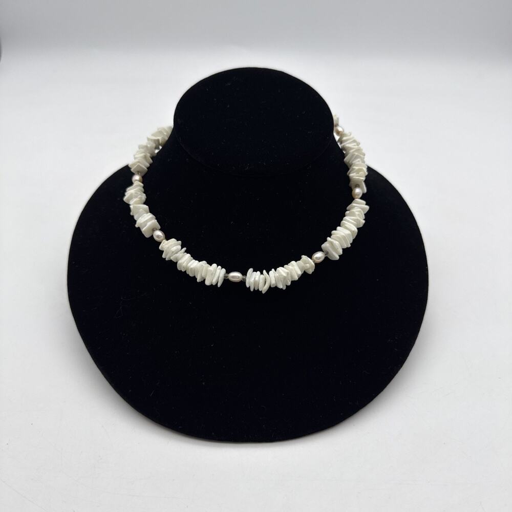 Vintage White Puka Pooka Shell Chips With Pearl Accents Choker Length Necklace
